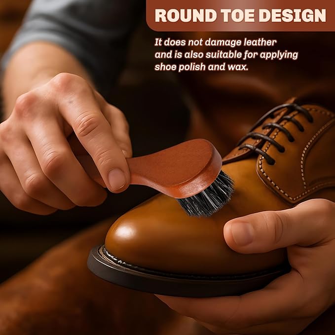 2 Pcs Horsehair Shine Shoes Brush Kit Polish Dauber Applicators Cleaning Leather Shoes Boots Care Brushes Suede Cleaner Brush(Brown Long Handle)