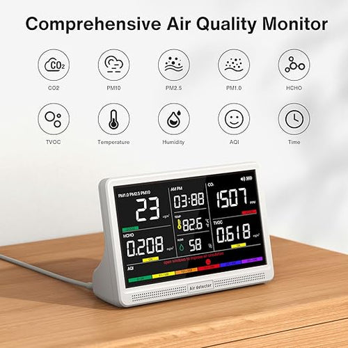 16 in 1 Air Quality Monitor Indoor 7" Display 9 AQI+7 AQI Alerts, CO2 Monitor Air Quality Tester for CO2, TVOC, PM2.5 PM1.0 PM10, HCHO Temperature Humidity AQI & Time Air Quality Meter for Home