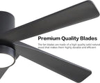WINGBO 48 Inch Flush Mount DC Ceiling Fan with Lights and Remote, 5 Reversible Carved Wood Blades, 6-Speed Noiseless DC Motor, Hugger Ceiling Fan in Black Finish, Low Profile Ceiling Fans, ETL Listed