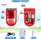 Qualirey 2 Pack Solar Sound and Light Alarm Motion Sensor 129db Outdoor Security Siren Waterproof Motion Activated Detector Alarm 6 LEDs Flash Warning Strobe System for Home, Farm (Red)