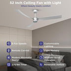 ocioc Ceiling Fans with Lights,52 Inch Low Profile Ceiling Fan with Remote,Quiet Reversible DC Motor,Dimmable LED,6 Speeds,Modern Ceiling Fan for Bedroom,Living Room(Silver)