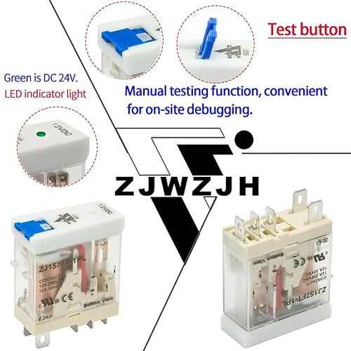 6 Pcs 12 Amp Power Relay Switch 12V DC Relay Coil, 5 Pin SPDT 1NO 1NC with Test Button, LED Module Light, Socket Base, DIN Rail