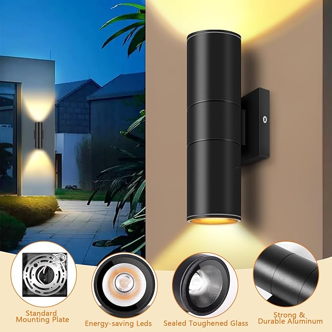 RIDALUX Outdoor Wall Light Cylinder Waterproof : 2 Pack Exterior Fixtures Wall Sconce with LED Up Down - Modern Outdoor Light for Porch Patio Garage