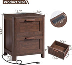 Joaxswe Farmhouse Nightstand Set of 2 with Charging Station, End Tables Bedroom with 2 Large Drawers & 4 Thickened Table Legs, Walnut
