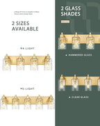 METWET 4-Light Bathroom Light Fixtures, 24.5 Inch Brushed Gold Vanity Lights with Clear Hammered Glass Cylinder Shade, Modern Vanity Lighting Fixture Over Mirror, VL198-BG-4