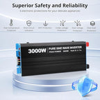 3000W Pure Sine Wave Inverter 1 USB Port 5v/2.1a,LCD Display&Remote Controller for Home, RV, Truck
