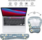 Mouse Pad Wrist Support and Keyboard Wrist Rest Set with Coasters, Dreamy Daisy Vintage Wood Board Live Love Laugh with Non-Slip PU Base Ergonomic Mousepad for Home Office Working Studying
