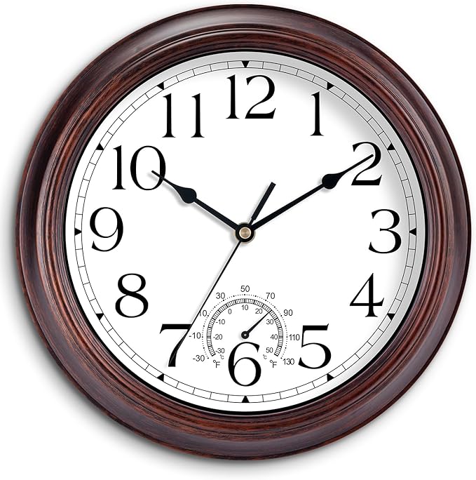 KECYET 8.5 Inch Outdoor Wall Clock with Thermometers, Vintage Silent Wall Clocks Battery Operated, Retro Non-Ticking Clock Decorative for Living Room, Patio, Kitchen, Office, Bathroom, Bedroom(Bronze)