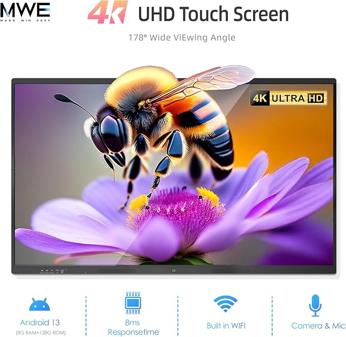 QIXZOCV 75" Smart Board for Business, Large Interactive Whiteboard with Multi-Touch, 4K Electronic Board with Screen Sharing, Bluetooth/WiFi/HDMI, Camera & Mic, Android 13,8+128G (Wall Mount Included)