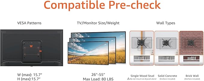 Amazon Basics Full Motion Articulating TV Wall Mount, with Swivel and Tilt, for 26" to 55" TVs and Flat Panels up to 80 Lbs, VESA Compatible, Black