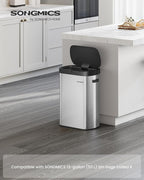 SONGMICS Motion Sensor Trash Can, 13-Gallon (50 L) Automatic Garbage Can with Soft Close Lid, Stainless Steel, Wave or Touch to Open, Includes 15 Bags, Metallic Silver and Ink Black ULTB640E01