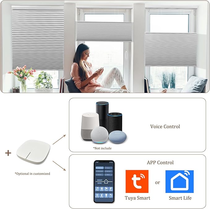 LEXEN Smart Top Down Bottom Up Honeycomb Shades WiFi Enabled Motorized Cellular Blinds Compatible with Alexa/Google Home Double Cellular Fabric Blackout Insulated Custom Sizes-Brown