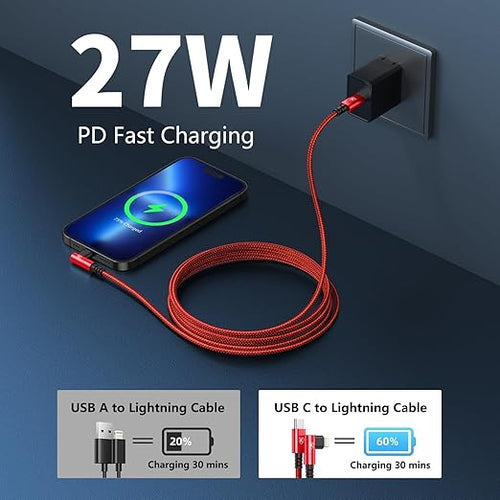 90 Degree USB C to Lightning Cable 10FT, iPhone Charger [Apple MFi Certified] 3Pack Fast Charging Cables Cord, Right Angle Braided USB C Lightning Cable for iPhone 14/13/12/11/Pro Max/Plus/8/7-Red