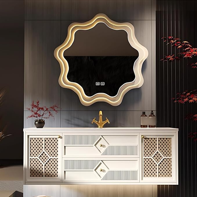60IN Luxury Floating Bathroom Vanity - Single Sink Bathroom Vanities has Smart Defog Mirror & Slate Countertop | Woven Rattan Perforated Door Panel, LED Lights, 2 Drawers (Style B)
