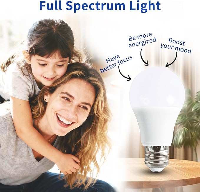 LQ BSDERA 2PK Full Spectrum Light Bulbs, 9W, 6000K Natural Light That Mimic Sunlight, Boosts Mood, Energy, Focus, A19, Sunlike Happy Light Bulbs with E26/27 Base for Most Lamps