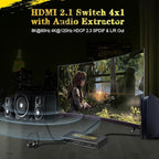 CORSAHD 4K@120Hz HDMI 2.1 Switch 4 in 1 Out with Audio Extractor,48Gbps,HDCP 2.3,HDR 10+,ARC,VRR,ALLM,CEC,IR Remote,Optical SPDIF 5.1Ch,AUX L/R 3.5mm 2.1Ch,HDMI Switcher 4x1,4 Port HDMI Selector