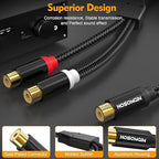 HOSONGIN RCA Splitter 1 Female to 2 Female Audio Cable (2 Pack), 24K Gold-Plated Plug, Cotton Braided Jacket, Dual Shielded Y Splitter Adapter for Amplifiers, TV, Home Theater, Hi-Fi Systems -12 inch