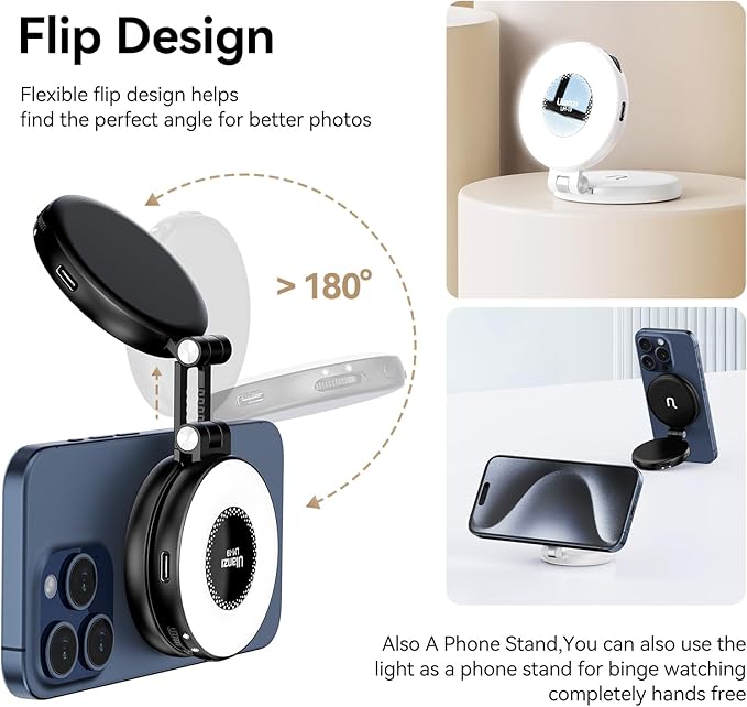 Fill Light for Magsafe LED Phone Light Attachment Selfie Ring Light Brightness Adjustable Compatible w Magsafe for iPhone Smartphone Vlogs/Photography/Video Conference Color White