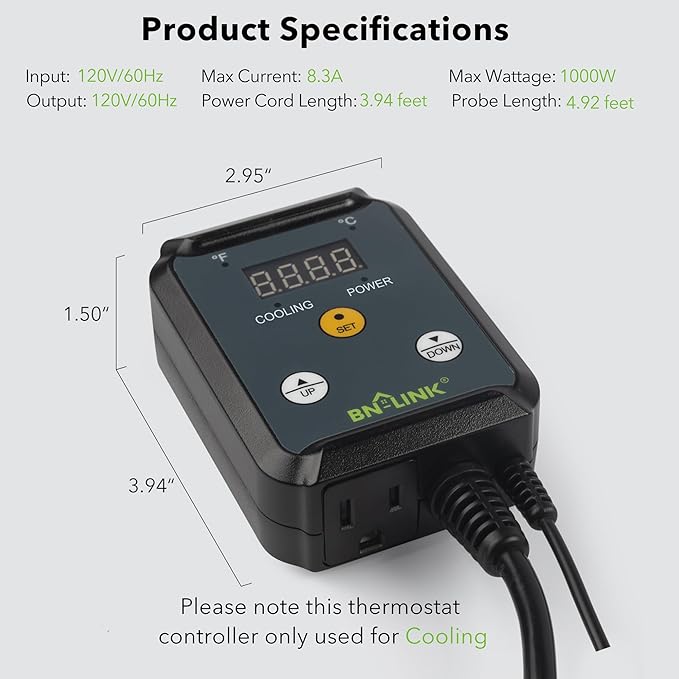 BN-LINK Digital Cooling Thermostat Controller, Temperature Controlled Outlet for Attic Fan, Exhaust Fan, Cooling Devices 40-108°F, 8.3A 1000W