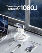 Kakyanill 115W USB Charging Station, Surge Protector Power Strip Tower, 9 AC Outlets with 8 USB Ports(4 USB-C), 6Ft Flat Plug Retractable Extension Cord, for Home Office Dorm, White