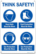 Brimar - 12" x 18" - Think Safety PPE Must Be Worn Sign - .063″ White Rust-Free Aluminum - Comprehensive Message - Easy Installation