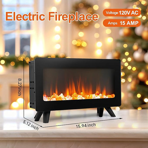 16" Small Electric Fireplace Heater - Desk Space Heater with Realistic Led 3D Flames, Freestanding Fire Places Electric Fireplace Heater for Indoor Use, 750 | 1500w, Overheating Protection