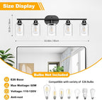 Unicozin 5 Light Bathroom Light Fixtures,33.5 Inch Vanity Lights for Bathroom, Lacquered Black Wall Lamp with Clear Glass for Mirror, Living Room, Hallway, Cabinet, E26 Base