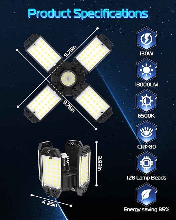 CHENGCHILIT Garage Light - 8PACK 130W 13000LM Deformable 4+1 Panel LED Garage Ceiling Lights with LED Transformer, E26/27 Base, 6500K Daylight White Shop Light for Factory, Storage Room, Warehouse