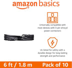 Amazon Basics PC Power Cord, 6 feet, 10-Pack, AC Power Cord for Monitor, Computer, TV, 3 Prong, 18 AWG, 125 Volts, Black