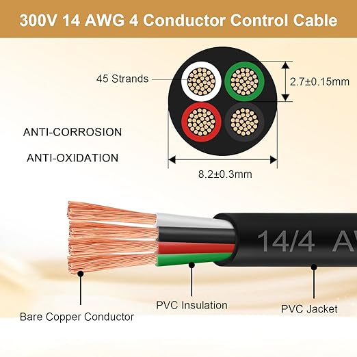 MOOKEERF 14/4 AWG Mini-Split Cable - 25FT 14 AWG 4 Conductor Control Cable 300V Stranded Oxygen-Free Pure Copper Wire for Mini Split Air Conditioner,Heat Pump,HVAC Systems and Speaker Systems
