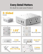 Flat Plug Surge Protector Power Strip, 6ft Ultra Thin Extension Cord with 4 USB (2 USB C Port), 8 Outlets Desk Charging Station, Wall Mountable Outlet Extender for Home Office, College Dorm Room