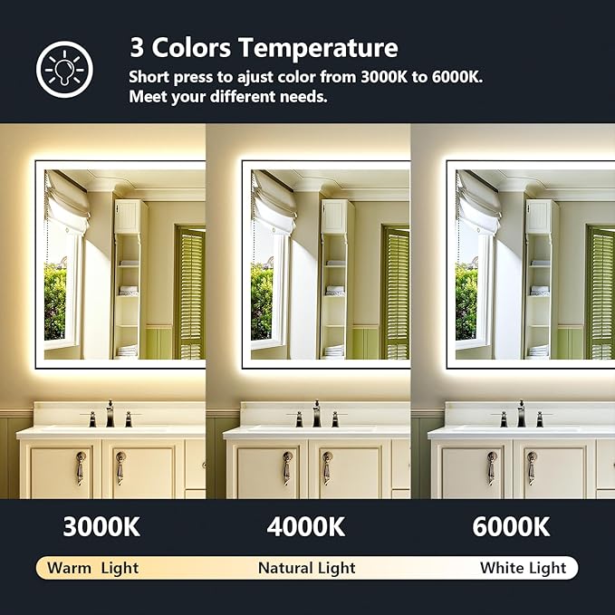 YEELAIT 60x36 Inch LED Bathroom Mirror with Lights (Front Lit and Backlit) Black Framed Lighted Vanity Mirror for Bathroom Wall Dimmable Anti-Fog Memory Tempered Glass Horizontal/Vertical