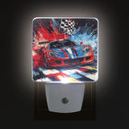 Pigsaly Led Night Light Red Blue Sports Car Checkered Flag Night Light Plug in Wall Lamp Smart Dusk to Dawn Sensor Nightlight Led Lamp Energy Saving Lights Gift for Kids Room Bedroom Bathroom Hallway