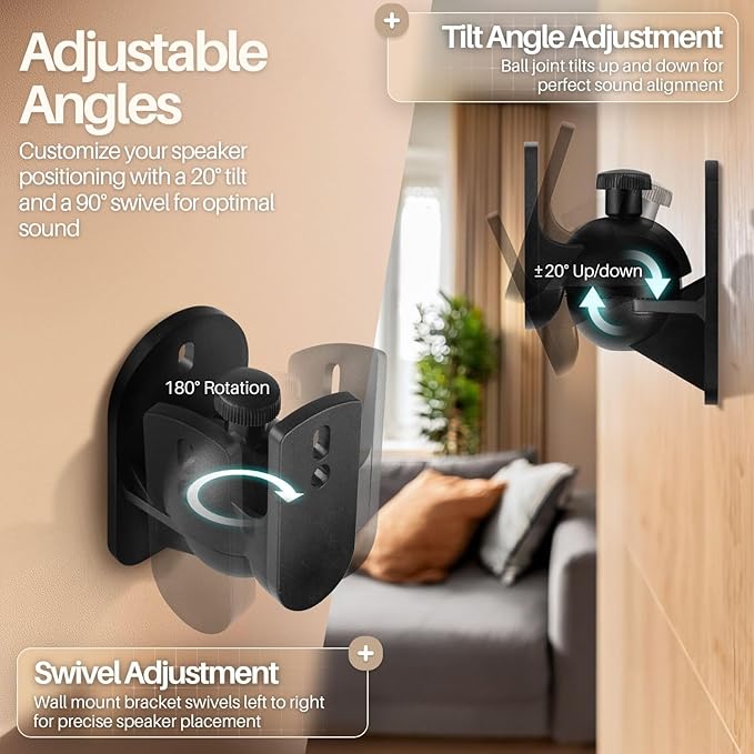 TNP Universal Satellite Speaker Wall Mount Bracket Ceiling Mount Clamp with Adjustable Swivel and Tilt Angle Rotation for Home Theater Surround Sound System Satellite Speakers - 6 Pack, Black