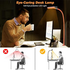 Airlonv LED Desk Lamp for Office Home, Eye-Caring Desk Light with Stepless Dimming Adjustable Flexible Gooseneck, 10W USB Adapter Desk Lamp with Clamp for Reading, Study, Workbench (Orange)