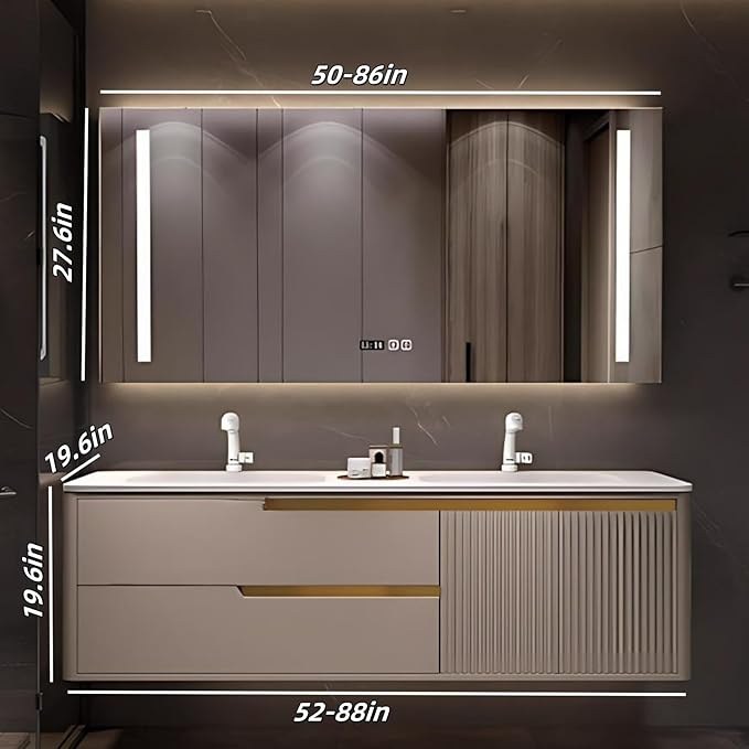 Bathroom Vanity with Double Sink - Smart Defogging Mirror & LED Lights on Both Sides, Floating Bath Sink Cabinet | 2 Drawers, Wave Shaped Panel (Khaki, 88IN)