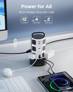 【10ft】 Power Strip Tower JACKYLED Surge Protector Electric Charging Station with 13A 12 Outlets 6 USB Ports Heavy Duty Extension Cord for Home Office Computer Nightstand Laptop Phone White Black