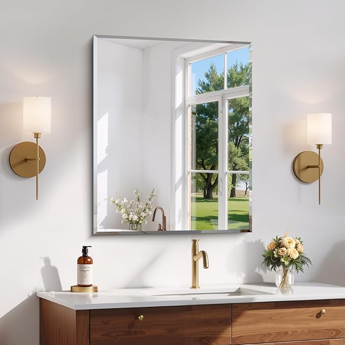 CILIBER Beveled Mirror, 24x30 Frameless Beveled Bathroom Mirrors for Wall, Upgraded Shatterproof Rectangle Vanity Mirror with Beveled Edge for Bathroom, Bedroom, Living Room and Entryway