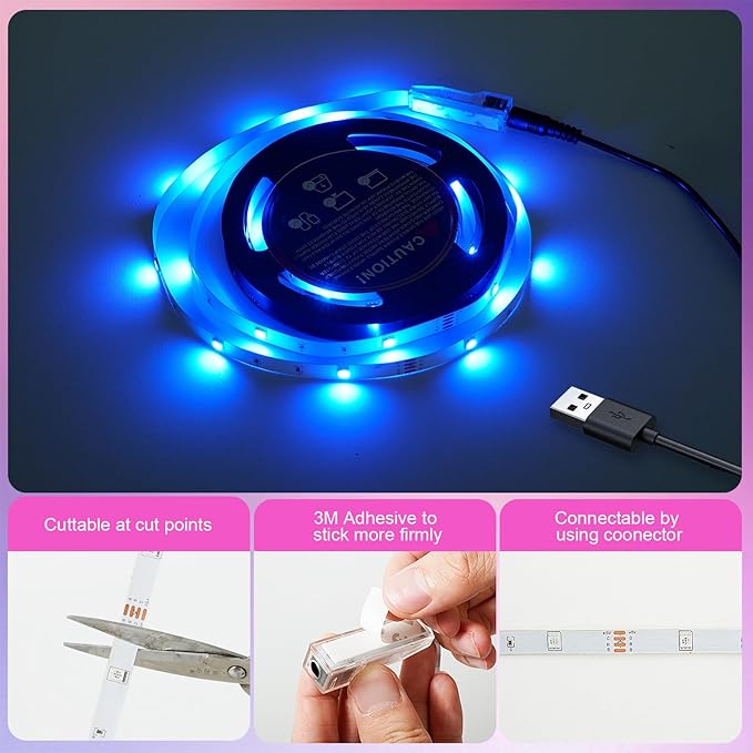 Timelux TV LED Backlights, 10ft LED Strip Lights Behind TV USB Operated Color Changing for 46-65 Inch TV RGB 5050 LED Tape Lights with IR Remote Controller and Dimmable