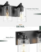METWET 5-Light Bathroom Light Fixtures, 30 Inch Black Vanity Light with Cylinder Clear Glass Shade, Modern Vanity Lighting Fixtures Over Mirror, VL143-MB-5