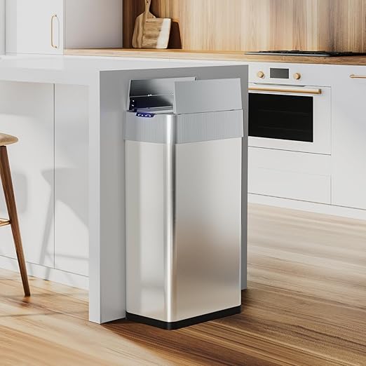 TLSUNNY 18.5 Gallon Automatic Trash Can, Stainless Steel Motion Sensor Garbage bin, Smart Trash Can W/Butterfly Lid, Bag Retainer Ring and Display Light for Living Room,Kitchen,Office (Silver, 70L)