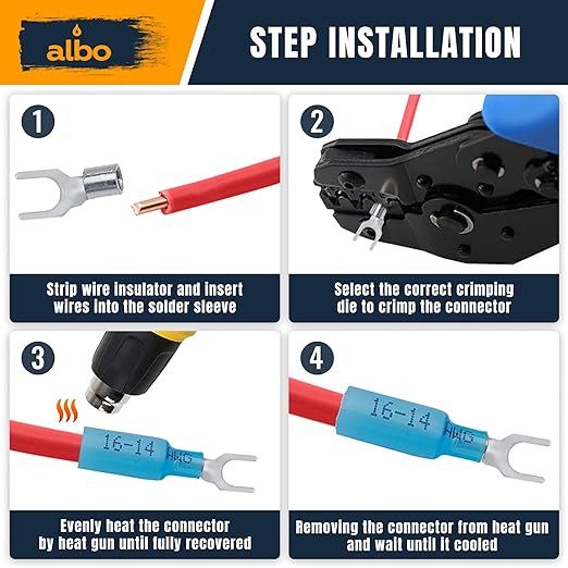 200PCS Blue Heat Shrink Fork Spade Connectors #10 – 16-14 AWG Tinned Copper Terminals, Waterproof Wire Crimp Kit for Automotive, Marine, Speaker & Electrical Wiring