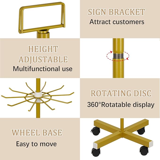 Exttlliy Retail Display Stand 5 Tier Metal Spinning Display Rack with Wheels Keychain Jewelry Stocking Hat Display Stand with Hooks for Malls, Showroom, Retail Store (Gold)