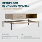 Bme Coffee Table for Living Room, Lyra Solid Wood Rectangle, Mid Century Modern Center Table with Storage, Easy Assembly, Oak Light Grey