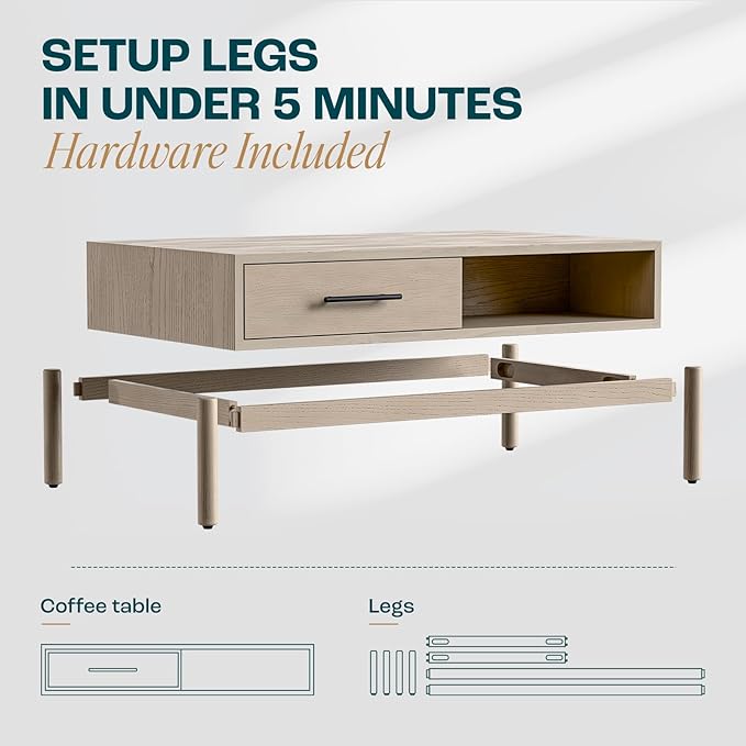 Bme Coffee Table for Living Room, Lyra Solid Wood Rectangle, Mid Century Modern Center Table with Storage, Easy Assembly, Oak Light Grey