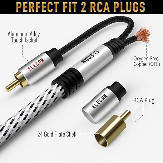 Elecan Premium RCA Cable 4 Ft (Hi-Fi Sound-16 AWG-Shielded) 2 RCA Male to 2 RCA Male Stereo Audio Cable, Gold Plated-Aluminum Alloy Shell-Pure Copper-Braided RCA Cord for Home Theater Speakers + Ties