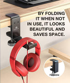 APPHOME Headphone Stand Hook for Desk, Foldable Under Table Headset Holder with Built-in Cable Clip Organizer, Clamp Hanger Mount for PC Gaming, Office, Backpack, Bag, Purse Hanging