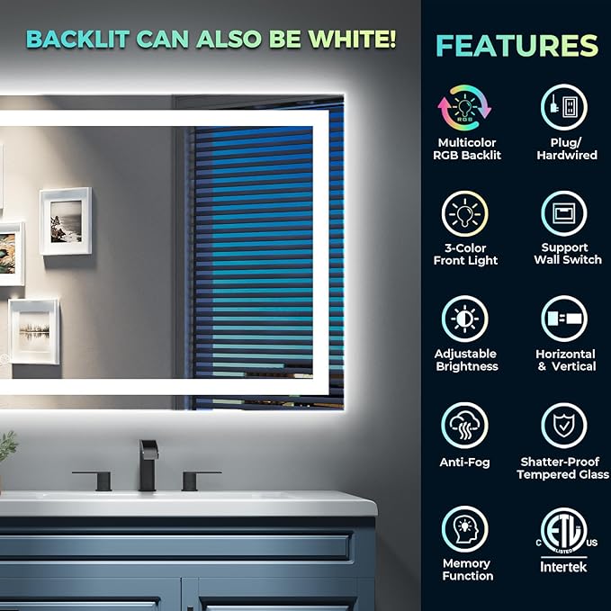 YEELAIT 55x30 Inch RGB LED Bathroom Mirror Front Light and RGB Backlit Lighted Vanity Mirror for Bathroom Wall Mounted Dimmable Anti Fog Memory Shatter-Proof IP54 Waterproof Horizontal/Vertical