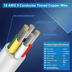 18 Gauge 5 Conductor Electrical Wire, 100FT Low Voltage 18/5 Tinned Copper Stranded 5 Wire Cable, 18 AWG White Flexible Extension Power Cord for Sprinkler, Thermostat, Speaker, Irrigation, Automotive