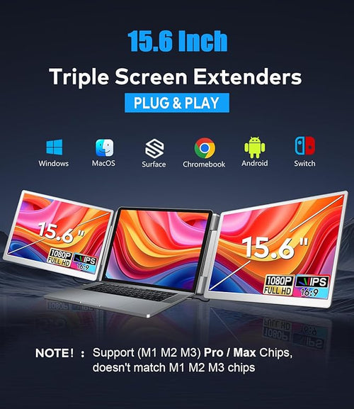 15.6" Laptop Screen Extender, Left Screen 360° Flip Triple Screen Monitor Extender, FHD 1080P IPS Portable Travel Monitor Display, fit for 12–18.5" Laptops, Compatible with Windows and MacBook-S10